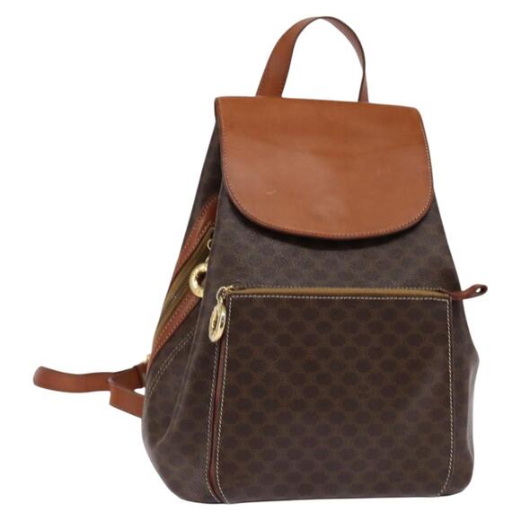 CELINE Macadam Canvas Backpack Pvc Leather Brown Gold - Picture 1 of 12